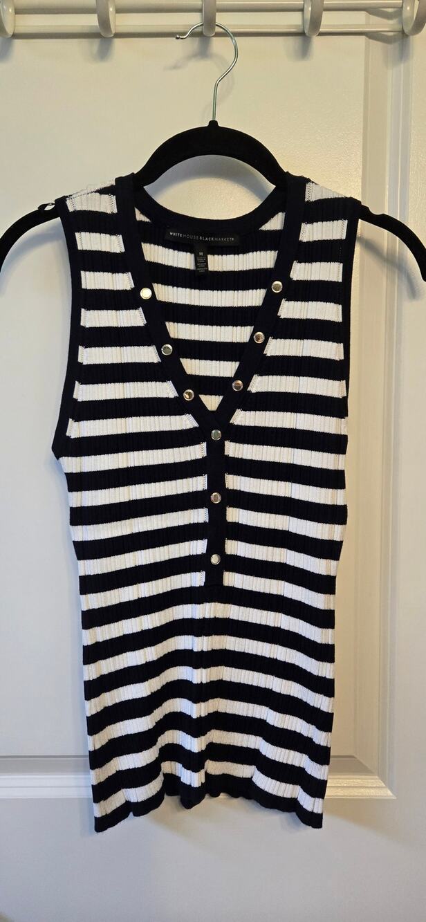 WHBM Striped Ribbed Sleeveless Top V-neck Snap Button Nautical Preppy Black Med